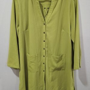 Talie Lime Green Tunic With Lace Up Back, Button Up Closure & Pockets, Size XL